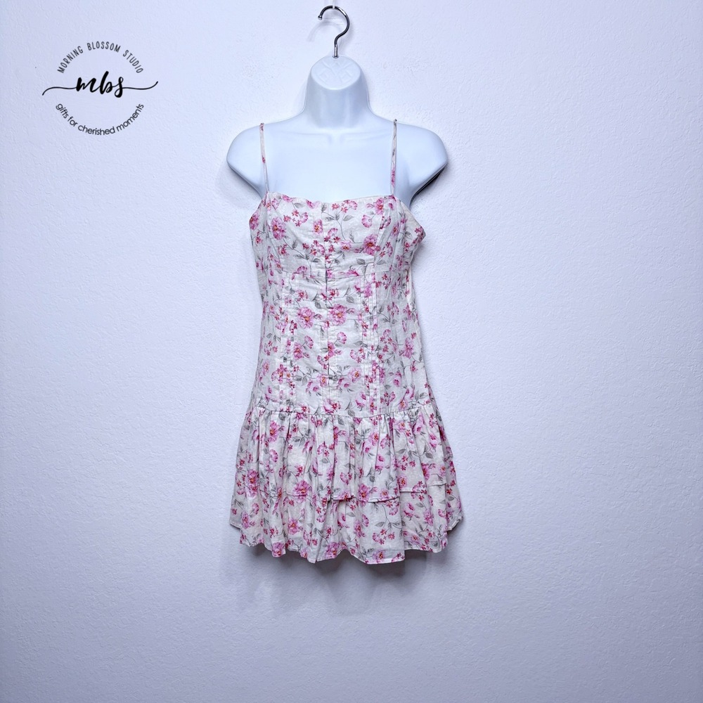 Floral Spaghetti Strap Mini Dress - White with Pink Floral